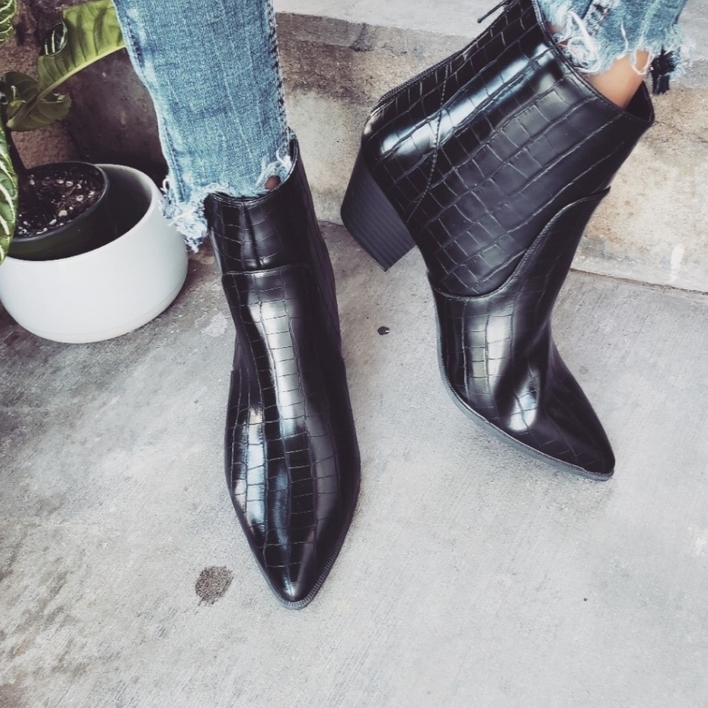 Black croc print booties